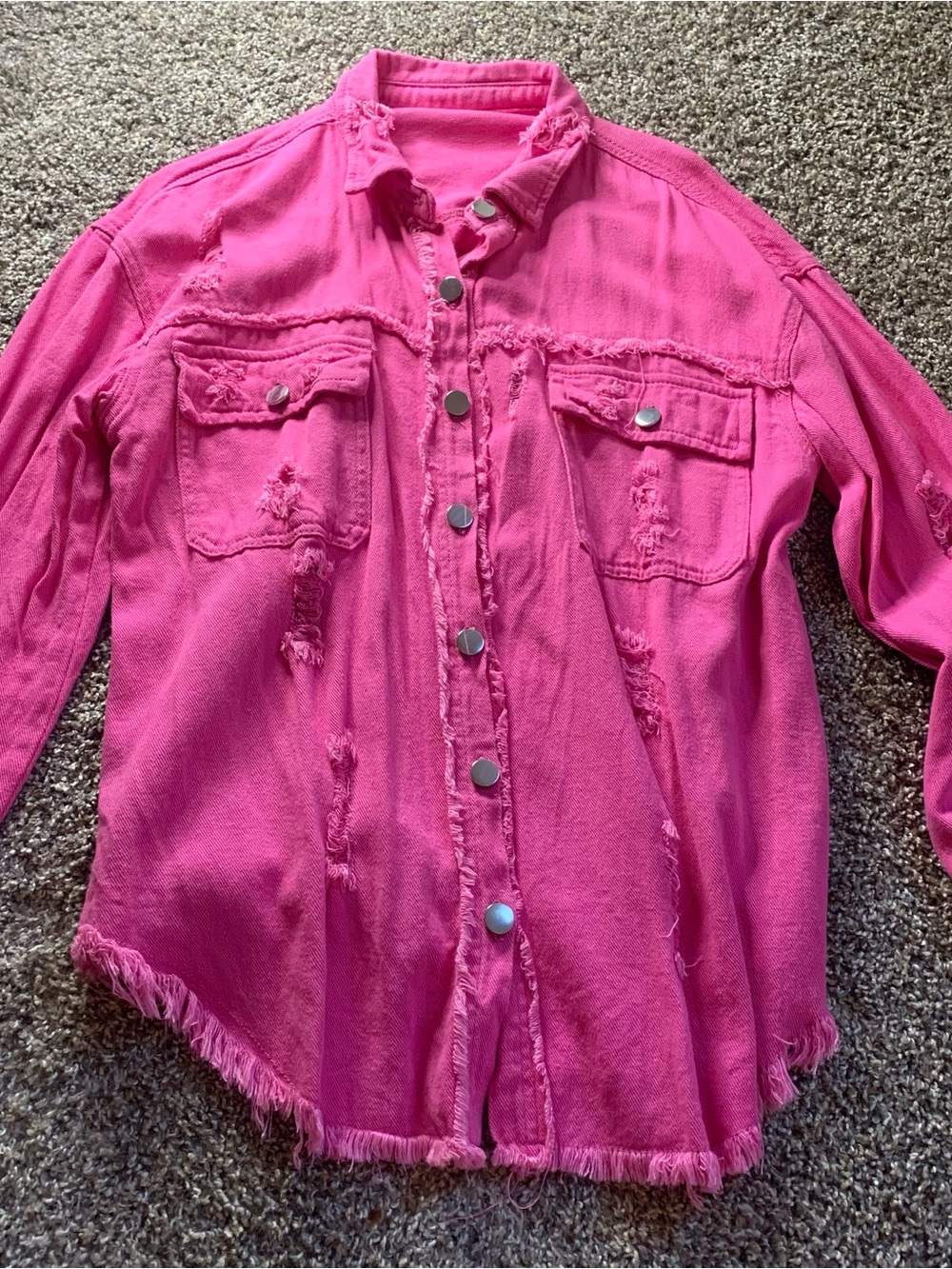 Women’s Pink Distressed Button-Front Shirt Jacket